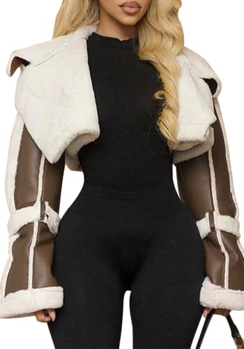 Symina Women's Cropped PU Leather Jacket Winter Coat Fur Lined