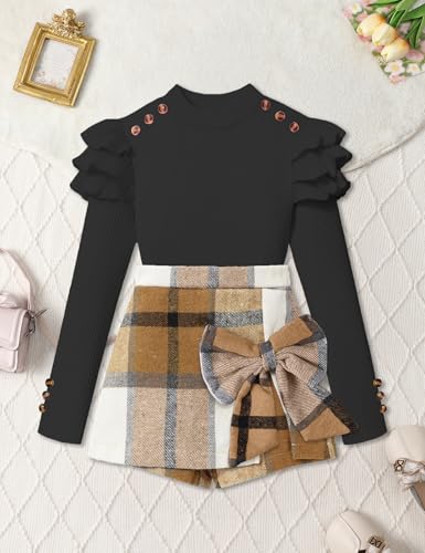 Image of Girls Clothes 2 Piece Ruffle Long Sleeve Shirt Top and Bow Plaid Skirt Set Girls Fall Winter Outfits 6-16 Years