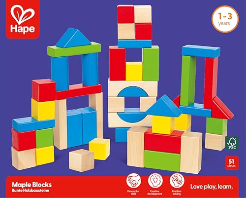 Image of Hape Maple Wood Kids Building Blocks Stacking Wooden Block Educational Toy Set for Toddlers, 50 Brightly Colored Pieces in Assorted Shapes and Sizes