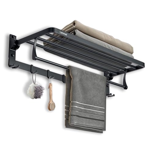 LANMEL 24 Inch Towel Racks for Bathroom Wall Mounted, Foldable Towel Rack with Shelf, Towel Storage Organizer with Movable 5 Hooks for Bathroom Lavatory