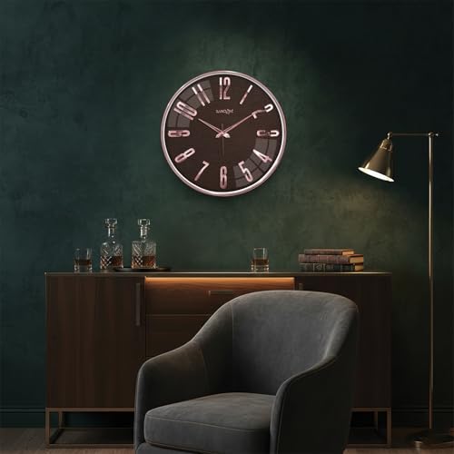 Image of RANDOM Sweep Silent Wall Clock, Non-Ticking Quartz Movement with 3D Foiling Numbers. (Rose Gold and Brown)
