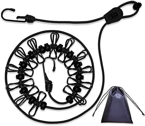 HSNNXY Portable Travel Clothesline, Adjustable Windproof Camping Clothesline with 12 Clips, RV Cruise Camper Accessories, Retractable Laundry Line for Outdoor Indoor - Black