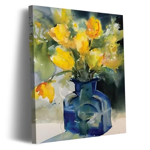 FLZYKGPA Abstract Watercolor Yellow Tulip Wall Art, Vibrant Floral Canvas