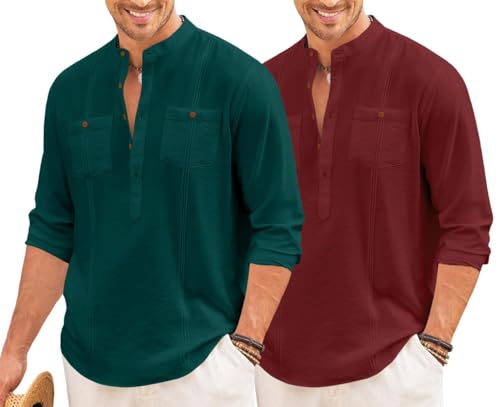 Image of Macsivo Combo of Men's Regular Fit Cotton Blend Solid Casual Short Kurta with Mandarin Collar and Pockets Kurta Pack of 2