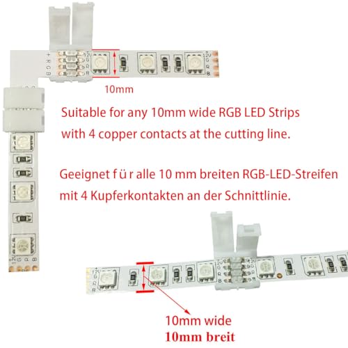 10pcs RGB 5050 LED Strip Corner Connector 10mm 4 pin L-Shape Connector Splitter Ribbon Right Angle Adapter for SMD 5050 RGB LED Tape, White