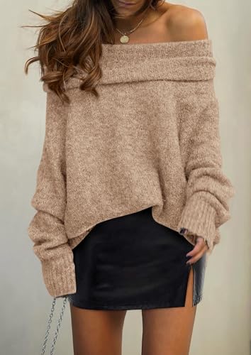PRETTYGARDEN Women's Off The Shoulder Sweater Long Sleeve Tops 2025 Fall Loose Knit Pullover Sweaters Winter Clothes