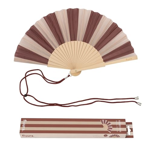 Fisura – Abanico original con estampado de rayas. Abanico de madera moderno y colorido. Ventilador de mano marrón y beige. Colgador incluido. Idea de regalo divertido. 42,5 x 23 cm