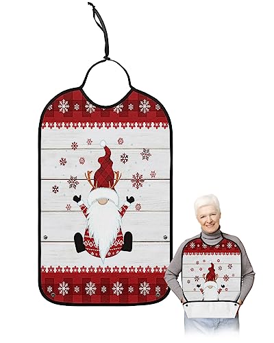 Christmas Gnomes Adult Bibs for Eating, Waterproof Bibs with Food Catcher & Adjustable Snap Closure, Red Plaid Winter Snowflake White Wood Washable Clothing Protectors Adult Bibs for Elderly Women/Men