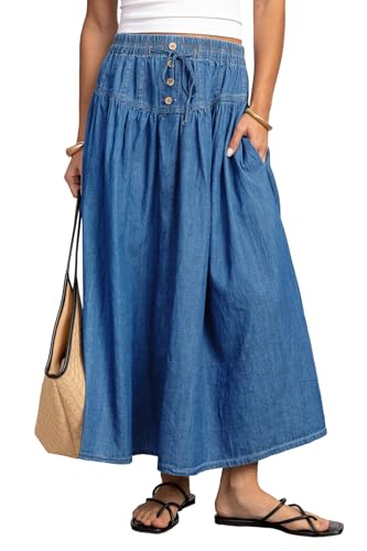 Flowyair Womens Drawstring High Waisted Denim Midi Skirts Casual A-Line Button Front Pleated Jean Long Skirts with Pockets