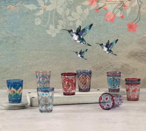 Image of India Circus By Krsnaa Mehta Blooming Dahlia Printed Kullad Tea Serving Chai Coffee Cups Glasses | Multicolour | Set of 4, 140 mL Each