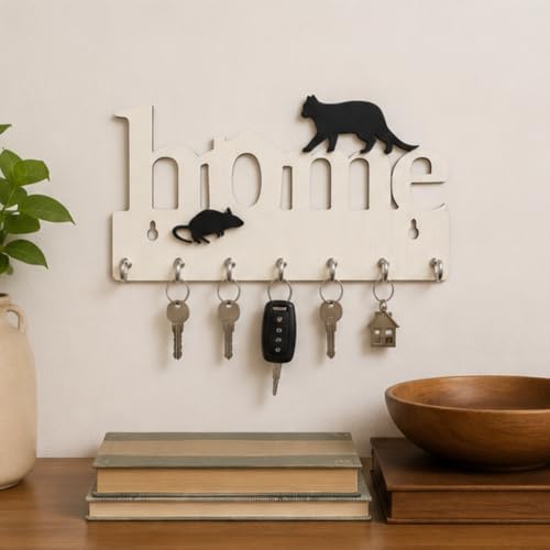 Image of Webelkart Premium Home Keys Wooden Key Holder (29 cm x 13.5 cm x 0.4 cm, Wood) 7 Hook - Decorative Items for Home Decor (Off White)