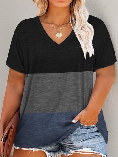 Image of DOLNINE Plus-Size Tops for Women Casual Short Sleeve Color Block T-Shirts | Basic Going Out Tees, Summer Trendy Loose Fit Tunics