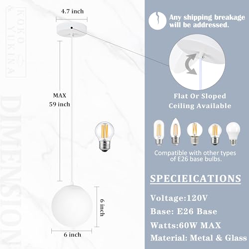 KoKo&Yukina 6 Inch Globe Pendant Light White Globe Pendant Lights Kitchen Island Mid Century Light Fixture with Milky White Glass Shade for Dining Room Living Room by KoKo&Yukina - Used condition - Image 4