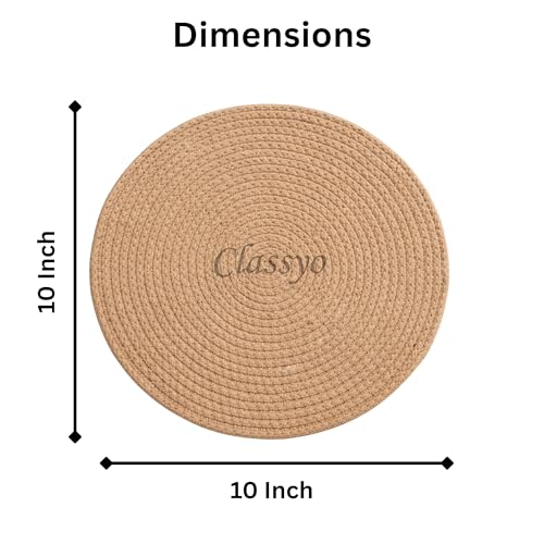 Image of Classyo Cotton Coasters for Dining Table, 10 inch (Beige, Pack of 2) | Round Placemats for Hot Pots, Plates and Pans | Dining Table Placemats | Dining Table Mat | Washable Round Table Mats