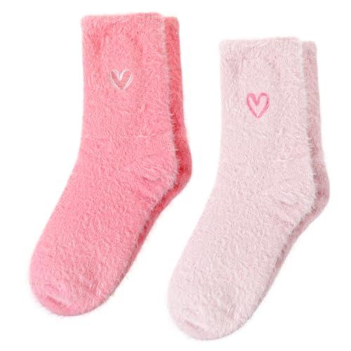 Image of Apojgitn 2 Pairs Super Soft Fuzzy Socks for Women, Winter Embroidered Heart Sleeping Socks Comfy Thermal Cozy Plush Home Cabin Sock (Dark pink, Light pink)