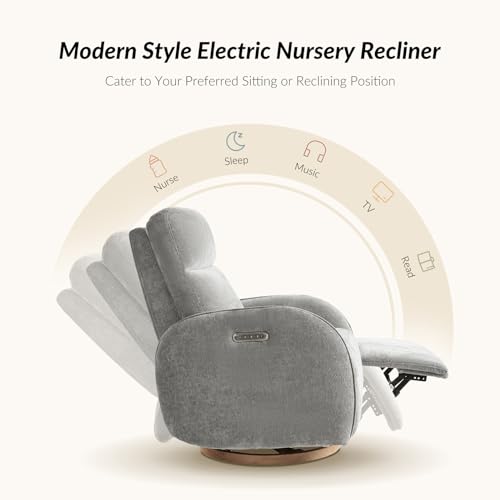 Image of HULALA HOME Glider Recliner Nursery Chair with Adjustable Headrest and Lumbar Support, Modern Power Recliner with USB Port and Nightlight, Swivel Rocker Glider for Nursing Room Bedroom, Grey