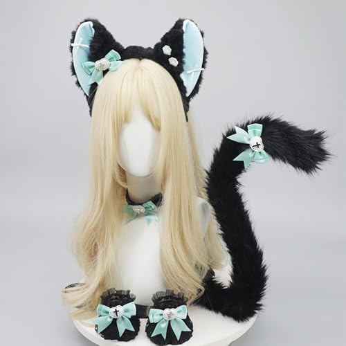 QUICOMP Cat Ears Tail Costume Cat Ear Headband Fox Ear Tail Cat Cosplay Props (Black Green) — view 2
