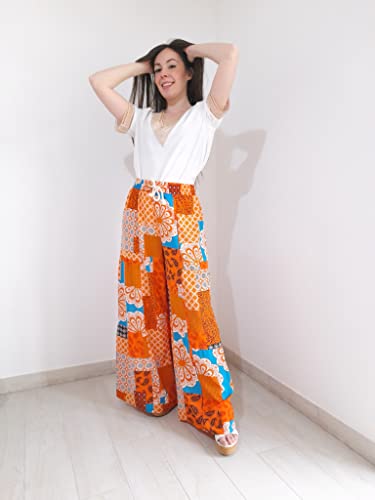 Happy Sailed Womens Boho Print Palazzo Pants Elastic High Waist Drawstring Wide Leg Hippie Flowy Pants Large Orange #TOP4
