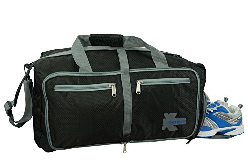 Light Weight Travel Duffel Foldable Heavy Duty Ripstop Sport Tote Gym Bag w/Shoe Pocket Black/Grey Large
