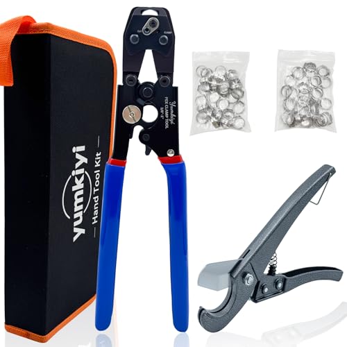 Yumkiyi Pex Clamp Tool and Pipe Cutter Kit for 3/8-in to 1-in Stainless Steel Clamp Cinch and Remove, includes 60Pcs 1/2-in Stainless Steel Clamps in a portable storage bag.