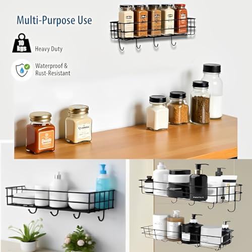 Image of Puno Heavy Duty Wall Mounted Steel Bathroom Shelf with 4 Hooks | Self-Adhesive Storage Organizer Rack | Waterproof & Rust-Resistant Wall Shelf for Kitchen, Bathroom & More (Black)