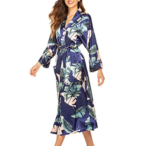 KESYOO robe feminino de cetim de manga comprida para dormir quimono vestido com gola em V para noiva