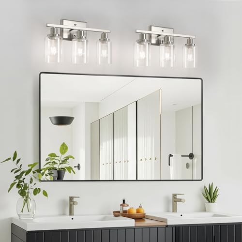 Image of Ascher Bathroom Light Fixtures, 3 Light Vanity Light with LED Bulbs Included, Brushed Nickel Wall Sconces with Clear Glass Shades for Mirror, Kitchen, Living Room, Hallway, Cabinet