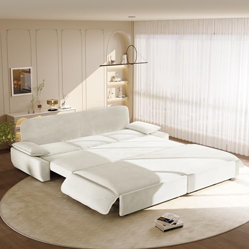 KEIKI 94.5" King-Size 3-in-1 Convertible Sleeper Sofa, Oversized Pull-Out Couch with Cloud-Style Deep Seat, Corduroy Reclining Loveseat for Home Theater & Family Living