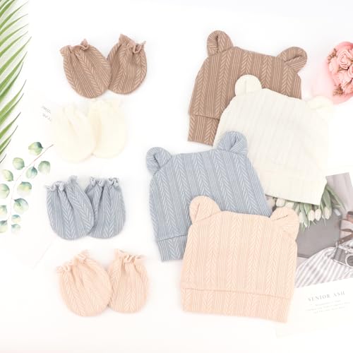 Image of BQUBO Newborn Baby Hats Bear Ears and Mittens Sets Preemie Caps Baby Boy Girl Infant Hospital Beanie for 0-3 Months