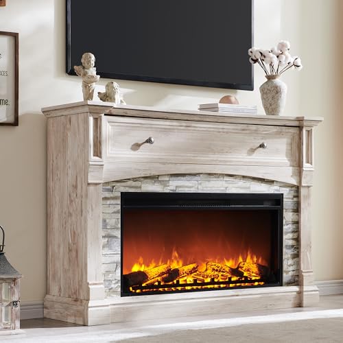RedLemon 52'' Electric Fireplace with Mantel, Farmhouse Entertainment Center w/36 Electric Fireplace & Sime-Open Cubby for Living Room, Antique Brush White