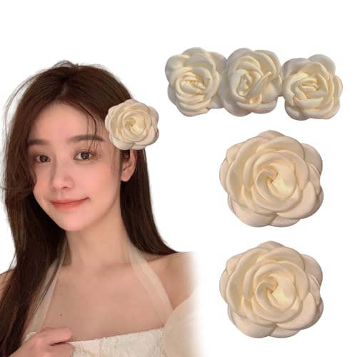 Pacote com 3 grampos de cabelo de flor de camélia, grampos de cabelo artificiais, boêmia, tubarão br