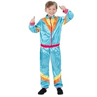 Smiffys Kids 80s Costume – Blue Retro Shell Suit Tracksuit – Kids Disco Costume for 1980s Fancy Dress Party, Festival Outfit, Neon Dress Up, Boys & Girls 80s Workout Clothes – Large (Age 10-12)