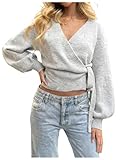 Milumia Women's V Neck Wrap Sweater Long Lantern Sleeve Cinched Waist Crop Tops Fall Knitwear Light Grey Small