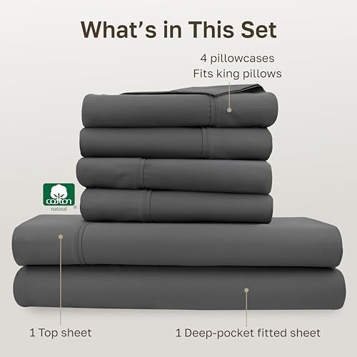 California Design Den 6-Pc King Size Sheet Set with 4 Pillowcases - Soft 400 Thread Count 100% Cotton Sheets, Sateen Weave, Deep Pocket Bedsheets Set - Grey - Thumbnail 4