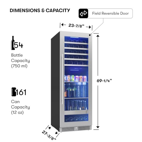 Image of Zephyr 24 Inch Wine Fridge & Beverage Refrigerator Dual Zone Full Size - Tall Wine Cooler Cellars Large Bar Drink Cabinet Freestanding with Glass Door - 161x12oz cans & 54x750 ml bottles