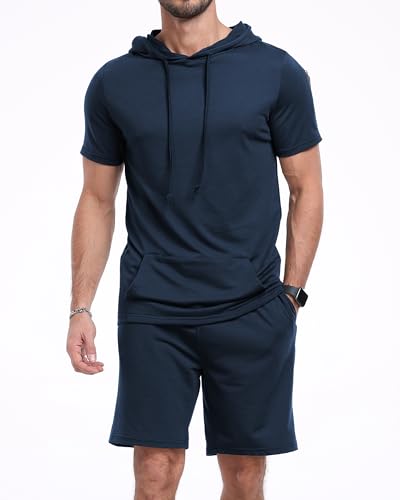 Image of AIYINO Men's Tracksuit 2 Piece Hooded Athletic Sweatsuit Short Sleeve Casual Sports Hoodie Shorts Set XL Navy
