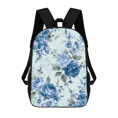 Blue Flower Floral Pattern Roses Backpack - Durable 600D Polyester, 17 Inch Backpack with Ergonomic Adjustable Straps, Lightweight Travel Bag for Men & Women