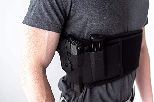 Belly Band Holster For Left And Right Hand Gun Concealed Carry – Soft Knit Neoprene Breathable Fabric – Strong Tight Fit Elastic Strap W/Snap – Two Magazine Clip Holder For Pistols #TOP3
