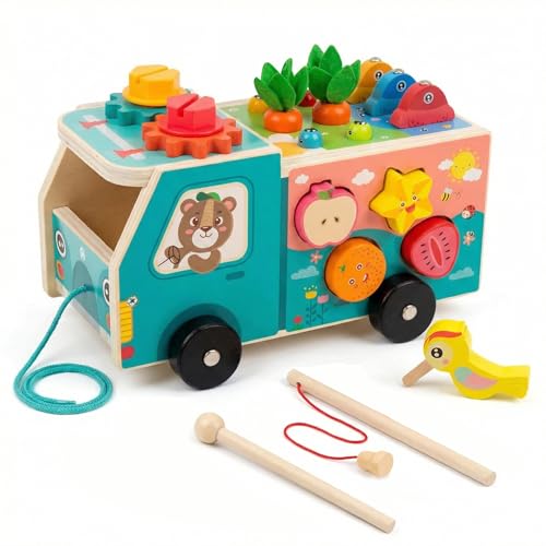 MonteSpi Montessori Juguete de Madera +1 2 3 Años, Autobús Musical 8 en 1 con Xilófono, Juego de Pesca, Reconocimiento de Frutas y Encastre, Regalo para Bebés y Niños Pequeños