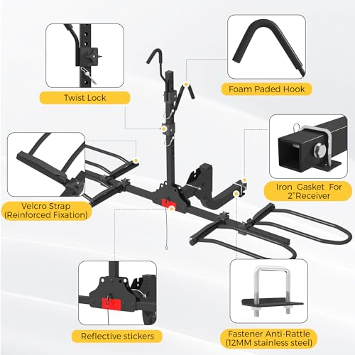 YARYEBE Hitch Bike Rack,Wobble Free Smart Tilting Folding Bicycle Car Racks for Standard,Fat Tire Ebike Rack for Tow Hitch, 2-Bike 200 lbs Capacity, Fit 2 inch Receiver