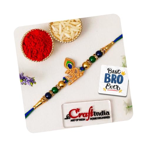 Image of eCraftIndia Designer Peacock Feather Om Rakhi for Brother with Gift Combo Set | Raksha Bandhan Rakhi for Bhai Bhaiya | Best Bro Ever Fridge Magnet | Roli Chawal Pack