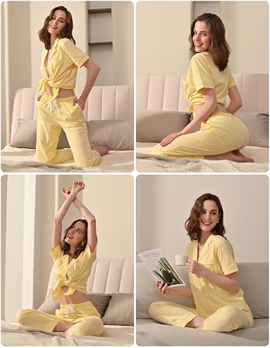 Image of NAP BOUND 100% Cotton Women's Pajama Sets Short Sleeve Button Down Soft Pjs 2 Piece Lounge Set with Pocket Nightwear XS-XXL