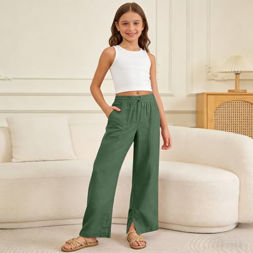 Image of Girls Linen Pants Wide Leg School Uniform Pants Cozy Elastic Waist Summer Casual Beach Lounge Trousers with Pockets