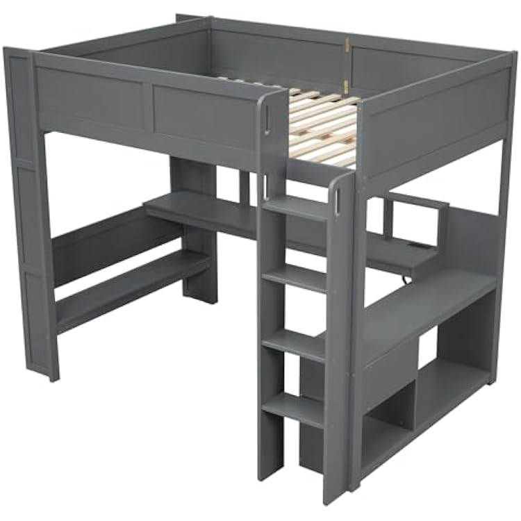SOFTSEA Full Size Gaming Loft Bed with Desk, Wood Loft Bed with USB Ports, LED Lights, Gaming Lofts Bed with Multi-Storage Shelves & Under-Bed Space for Adults Kids Teens, No Noise, Gray
