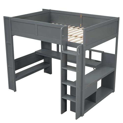 Image of Full Size Gaming Loft Bed with Desk & Storage Drawers & Shelves & Charging Station & LED,Wood Loft Bed Frame with Cabinets,Bookshelf,Safety Guardrail and Ladder for Gamers Kids Teens Aldults,Dark Gray