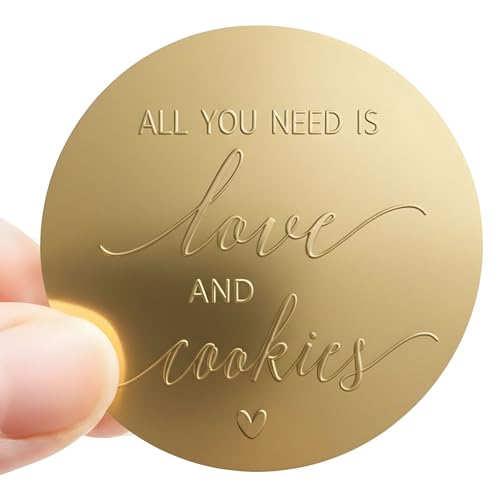 100 x All You Need is Love and Cookies Gold Foil Embossed Stickers: Ideal Wedding & Cookie Favor Decoration Stickers, Round Self-Adhesive Labels 1.6 inch