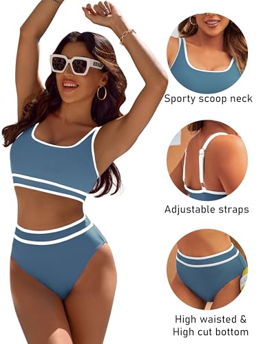 Image of BMJL Women's High Waisted Bikini Sets Sporty Two Piece Swimsuits Color Block Tummy Control Modest Bathing Suit