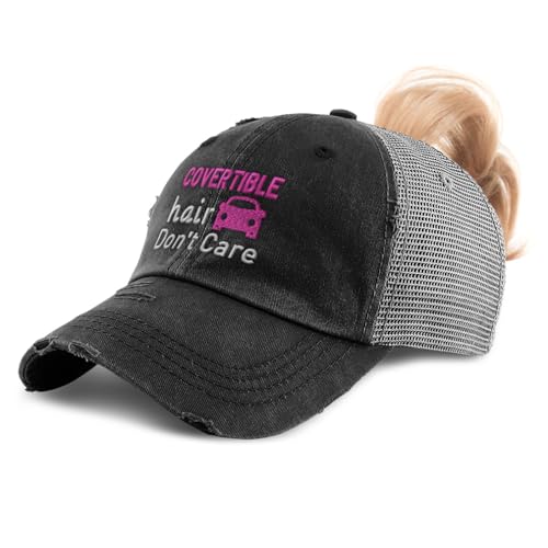 Speedy Pros Womens Ponytail Cap Convertible Hair Dont Care Cotton Distressed Trucker Hats Black Grey