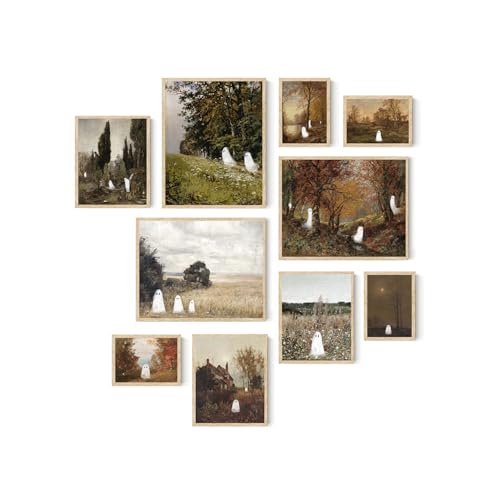 Roslynity Vintage Ghost Halloween Wall Art Prints Canvas Artwork Aesthetic Farmhouse Pictures Poster Cute Painting Landscape Retro Spooky Fall for Home Bedroom Living Room Decor (UNFRAMED)