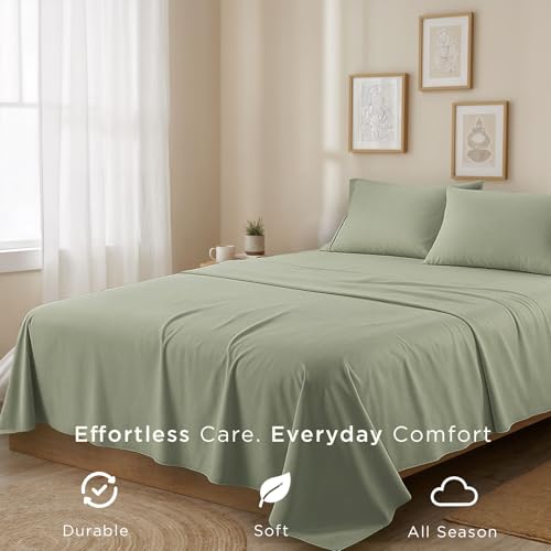 Threadmill Cotton Queen Sheet Set | 100% Cotton Sheets for Queen Size Bed | Solid Sateen Queen Bed Sheets Set with 16” Deep Pocket | Soft Breathable 4-Piece Cooling Bedding Sheet Set | Sage Green